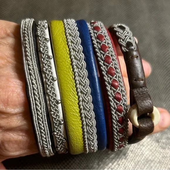 Sámi Leather Bracelet Blue and Yellow with Pewter Embroidered Design
